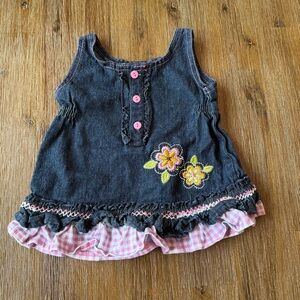3/20$ Denim Floral Embroidered Baby Top with Ruffles size 12 months